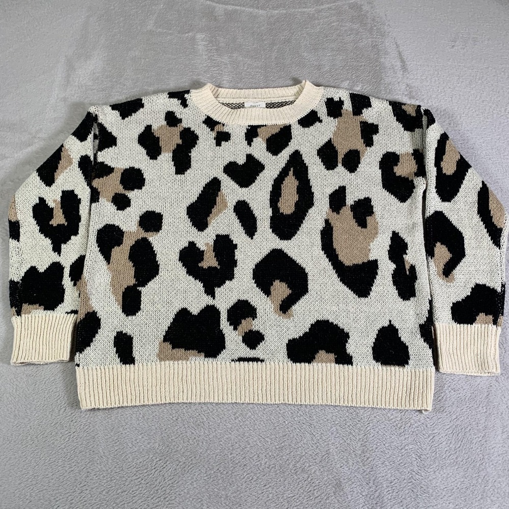 Debut Sweater Womens Small White Leopard Print Crew Neck Chunky Knit Pullover - Picture 1 of 10